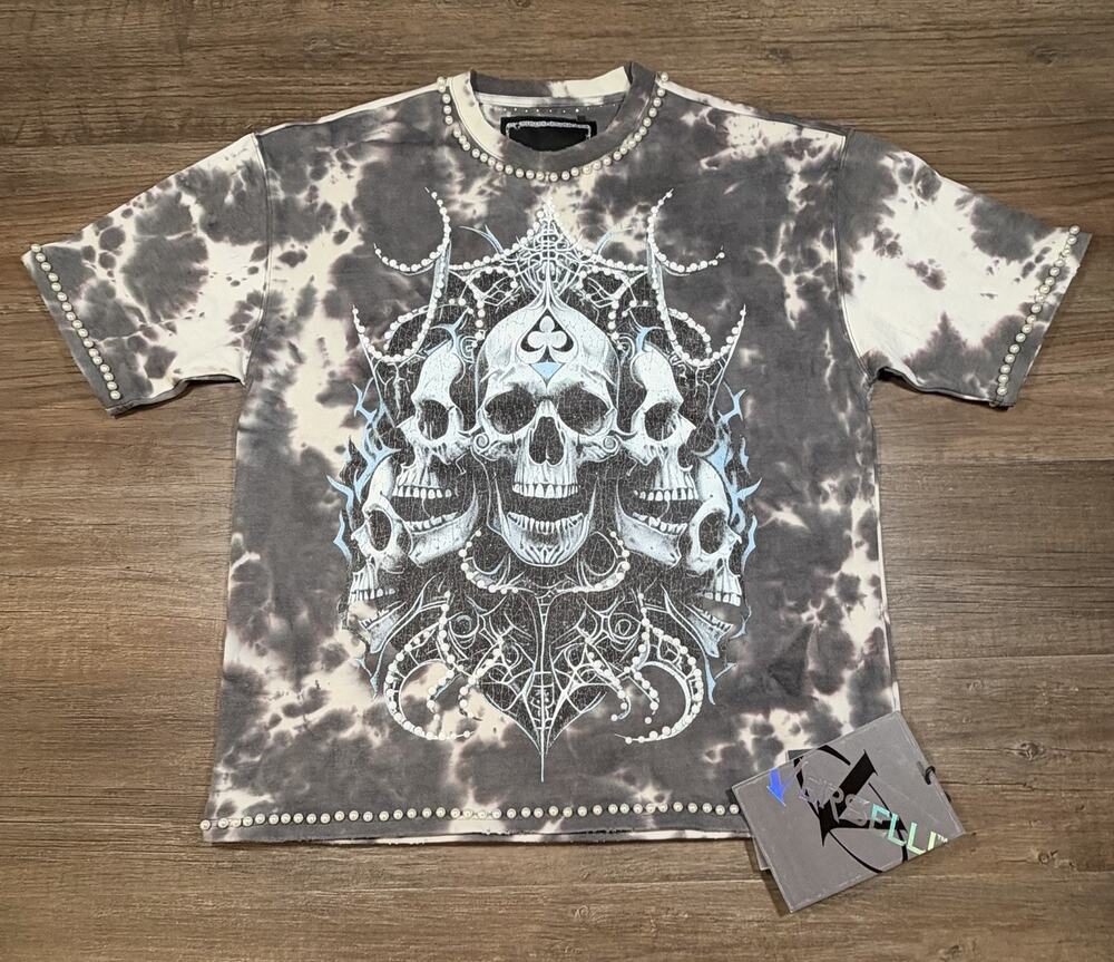 Verselli Skull Graphic Pearl Stud Tie Dye T-Shirt Men’s Large Off White NWT